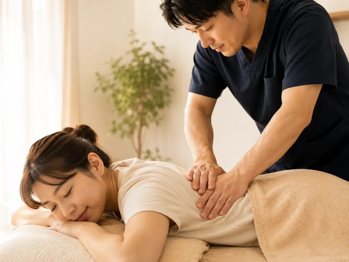 整体師が利用者の背中・腰まわりを手元で丁寧に施術しているクローズアップ
